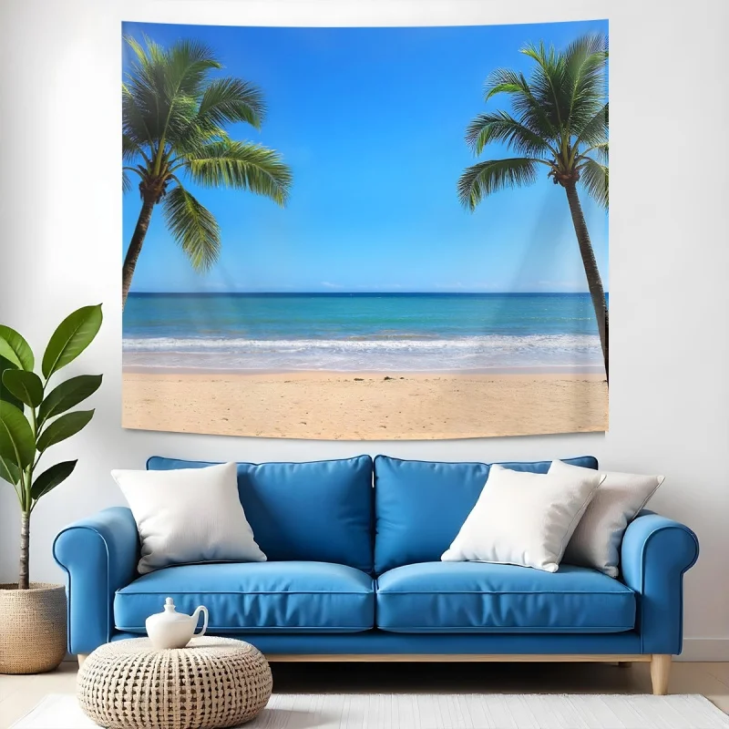 Wandteppich mit tropischem Strand und Palmen, Meereslandschaft, Wandbehang aus Polyester, sommerliche ästhetische Dekoration für Schlafzimmer, Wohnzimmer, Wohnheim