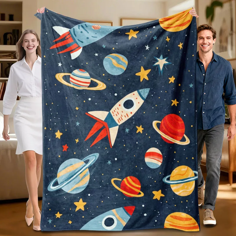 1 pieza de manta de franela azul marino con temática espacial, suave, adecuada para sofá, cama, oficina, uso para todas las estaciones.