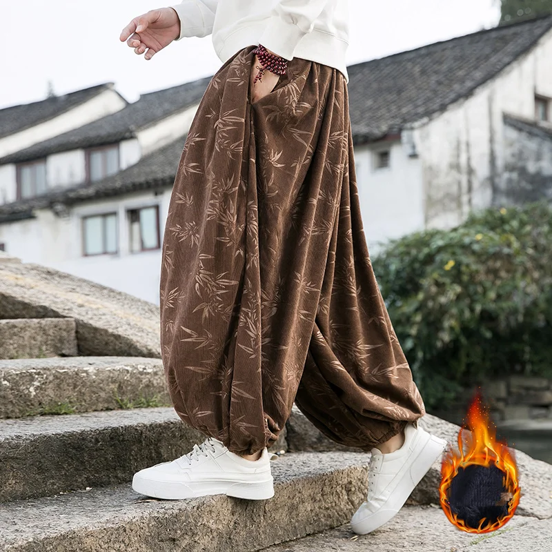 

Men Wide Leg Pants Men Chinese Style Corduroy Casual Bloomers Fashion Loose Oversized Trousers Male Fleece Thick Harem Pants 8Xl