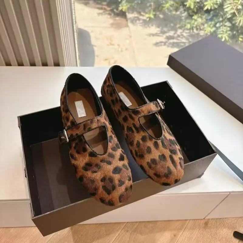 Designer Brand Original Leopard Print One Button Mary Jane Single Shoe Women's Retro Horsehair Comfortable Flat Ballet Shoes