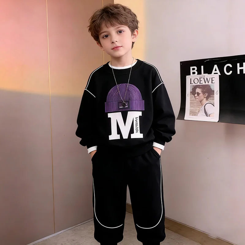 2-teiliger Hip-Hop-Trainingsanzug für Kinder, bedrucktes Sweatshirt + Jogginghose, zweiteiliges Set, lässiges, lockeres Streetwear-Outfit für Frühling und Herbst