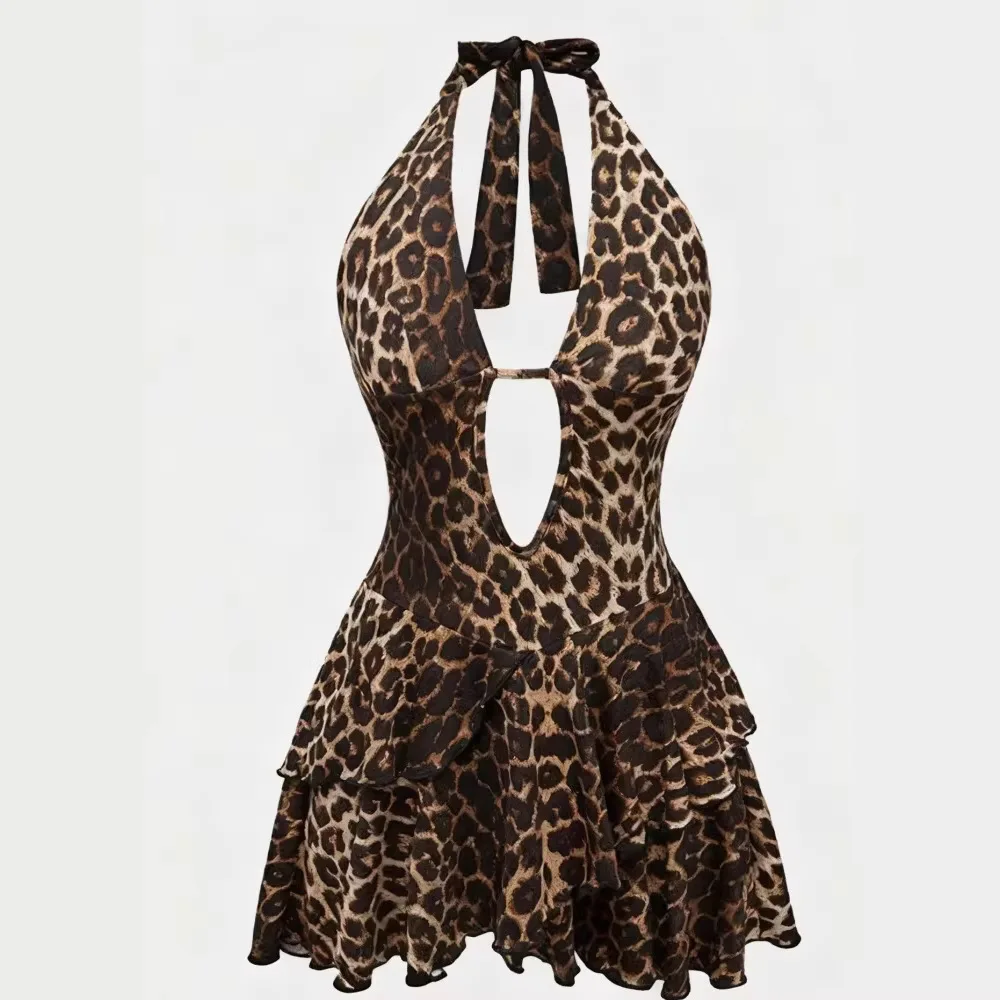 

Sexy Deep V Leopard Print Hollow-out Backless Bodycon Sleeveless Dress for Party Night Out Plus Size Women Fashion Evening Wear
