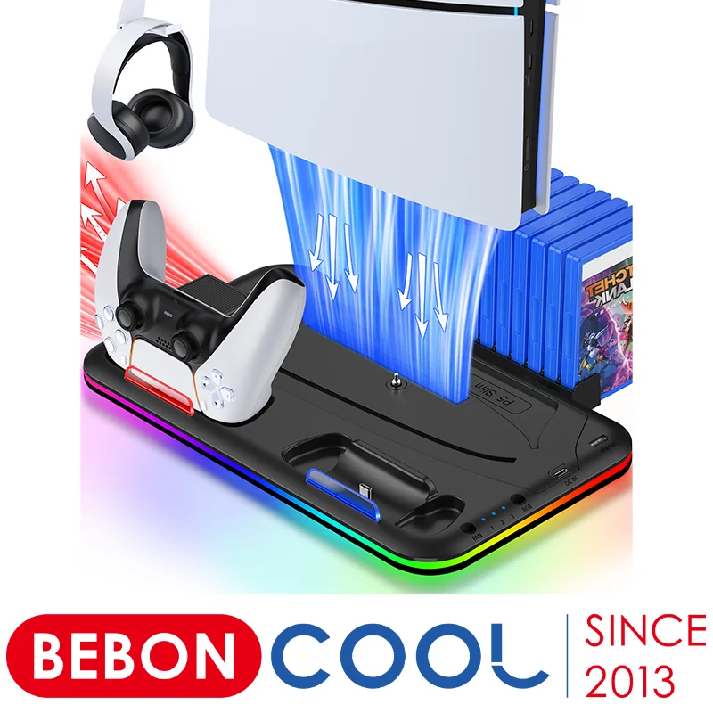 BEBONCOOL pionowy stojak chłodzący do kontrolera PS5 Slim ładowarka do konsoli Sony Playstation 5 PS5 uchwyt na zestaw słuchawkowy RGB Light