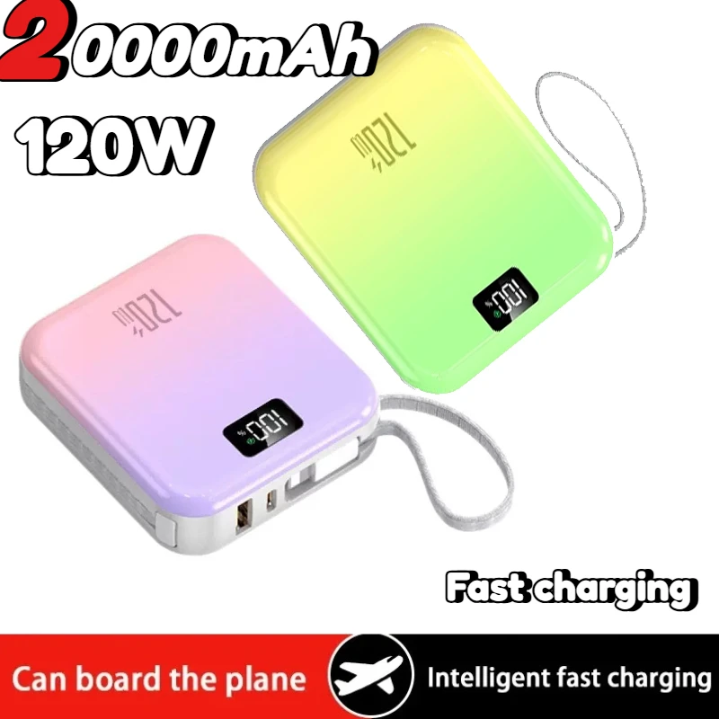 

20000 мАч, новый, 120 Вт, сверхбыстрый, большой емкости с кабелем, мини-градиент цвета, мобильный аккумулятор, подходит для IPhone, Xiaomi, Samsung