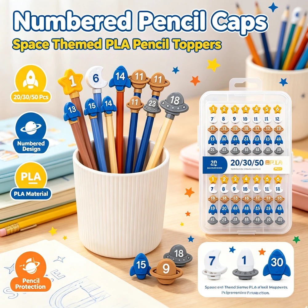 Space Theme Numbered Pencil Toppers Reusable Classroom Pencils Labels Pencils Tracking Markers for Student Number System