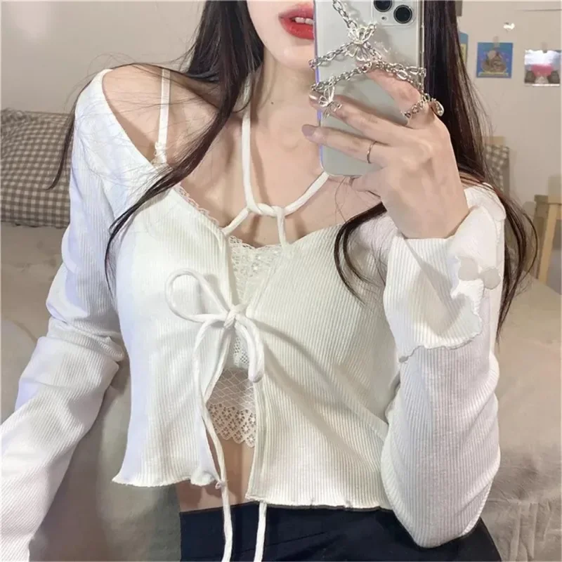 Frauen Strickjacken Solide Dünne Bandage Design Ernte Tops Koreanische Frühling Mode Stilvolle Streetwear Süße Gestrickte