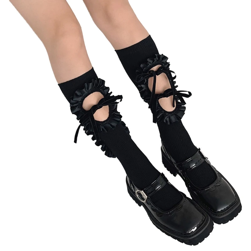 Japanese Women Girls Ribbed Calf Socks Harajuku Hollow Out Hole Ruffled Patchwork Lace-Up Bowknot Student Cotton Tube