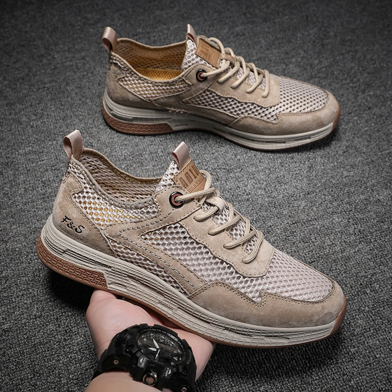 

Men Breathable Mesh Top Layer Pigskin Casual Shoes Fashion Patchwork Men Sneakers Summer Man Comfortable and Soft Walking Shoes