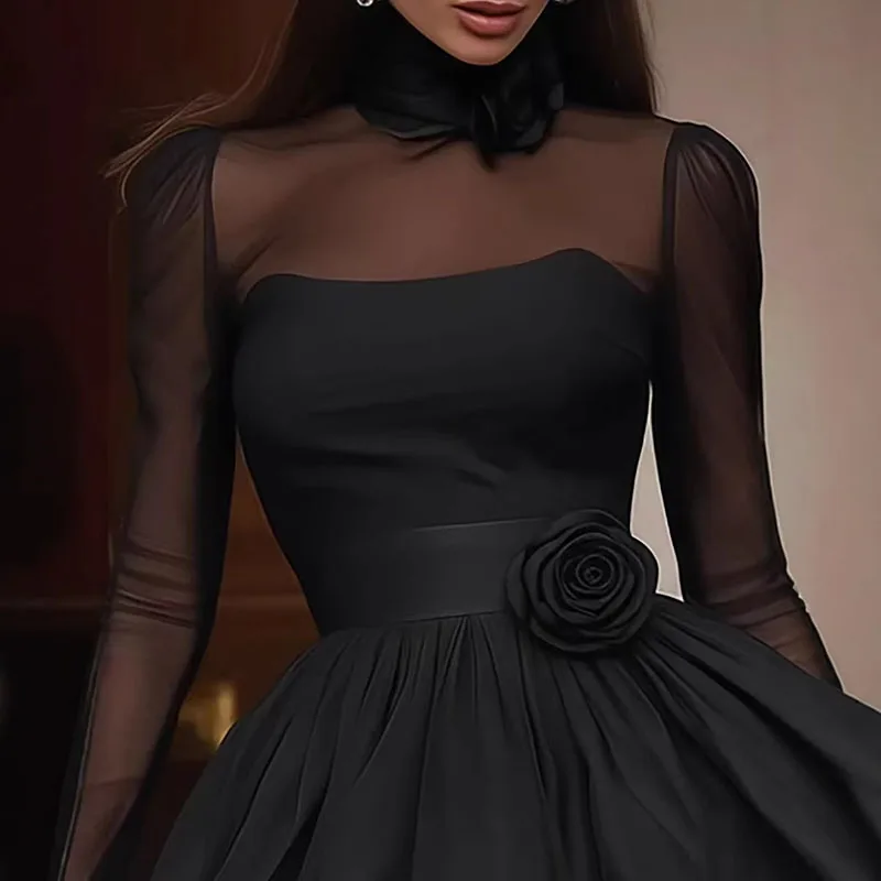 

Женское сексуальное мини-платье из сетки с пэчворком, элегантное, с высоким воротом, прозрачными рукавами, для вечеринок, весеннее, новое, с 3D декором из роз, пышным подолом, коктейльное платье