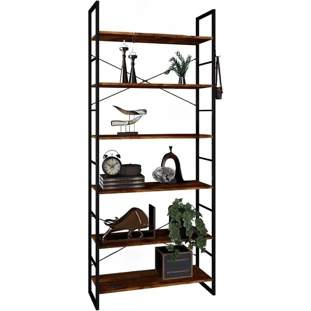 6 Tier Bookshelf, Free Standing Bookcase, Industrial Book Shelf with Metal Frame, Storage Rack Shelves Organizer for