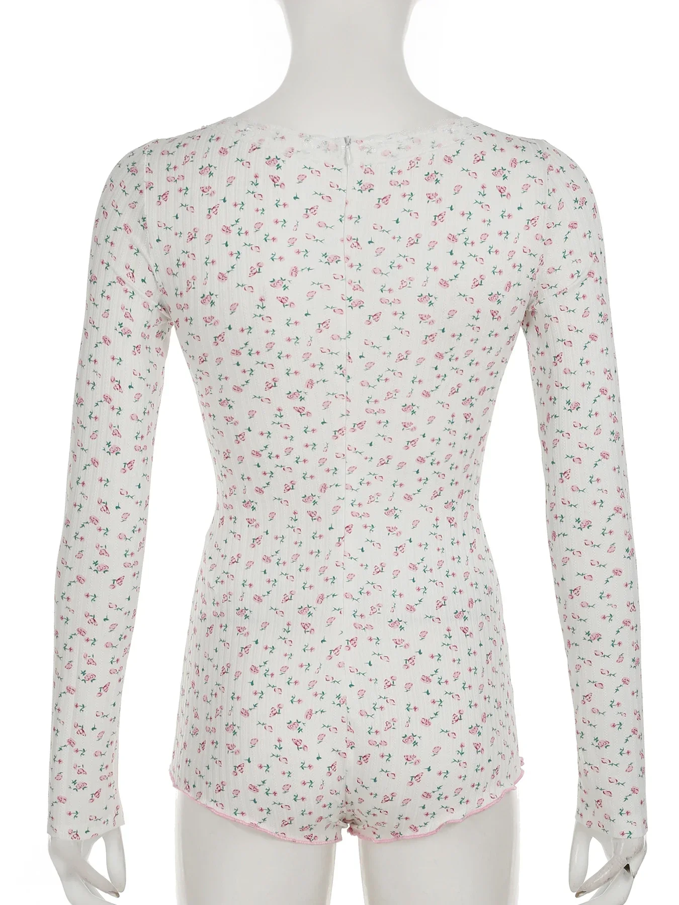 Lace Sweet Floral Trim Playsuits Slim Deep V-Neck Long Sleeve Rompers Women Autumn Spring Fashion Streetwear Lady
