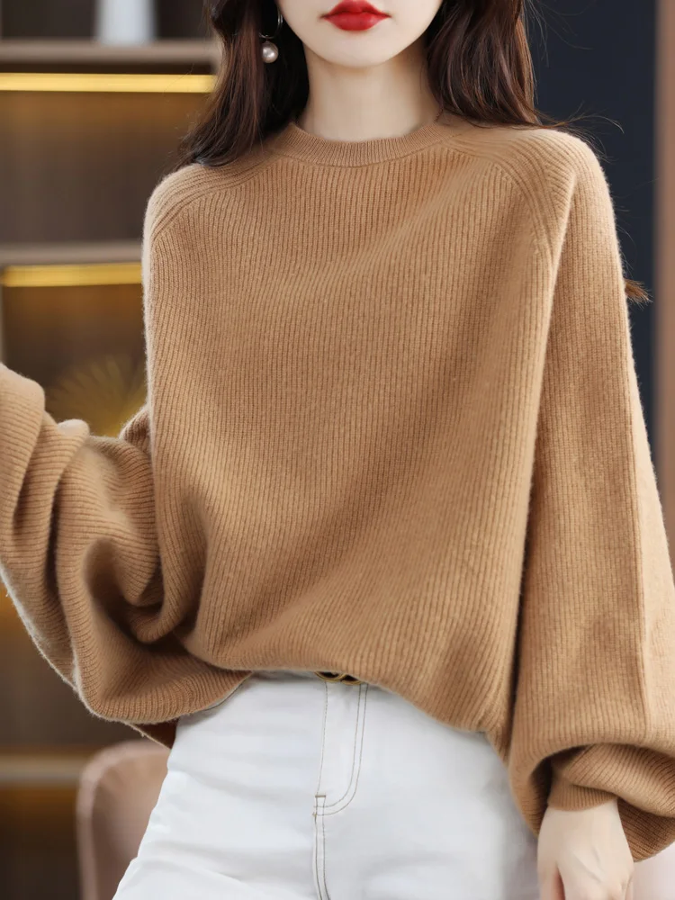 2022 Autumn / Winter New Cashmere Sweater Women\'s O-Neck Pullover Casual Knitted Loose-length Shirt 100% Pure Wool One Size