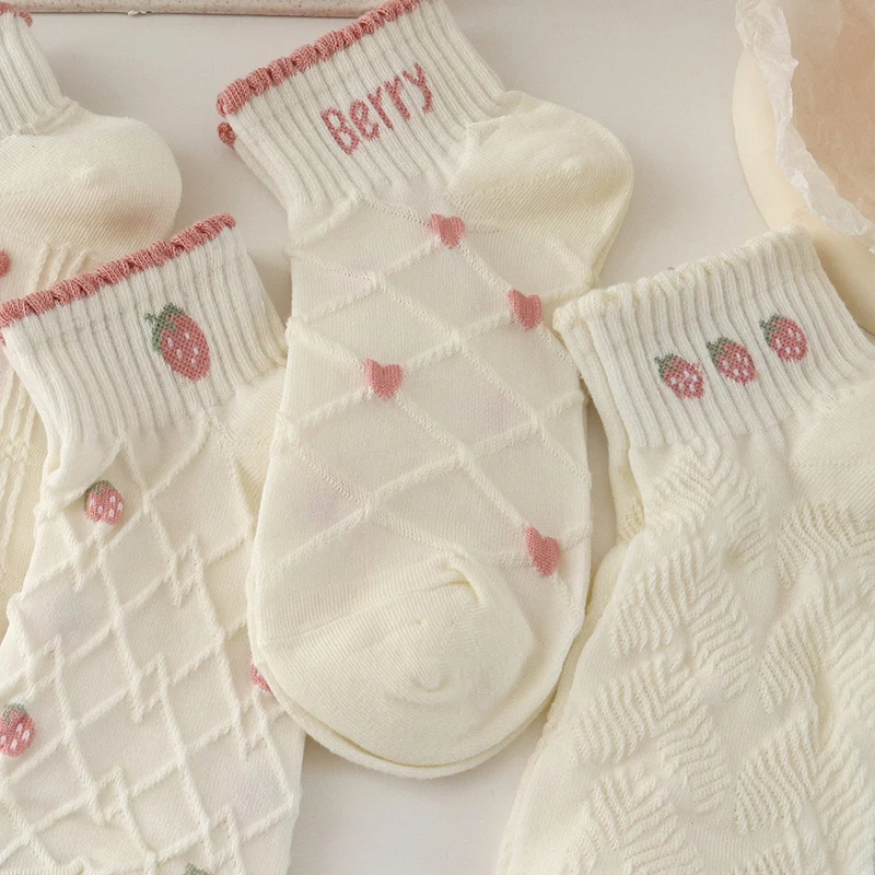 5 Pairs Female Socks Set Pink Strawberry Pattern Sweet Women's Cotton Summer Short Socks Low Tube Kawaii New Fashion Girl Gift