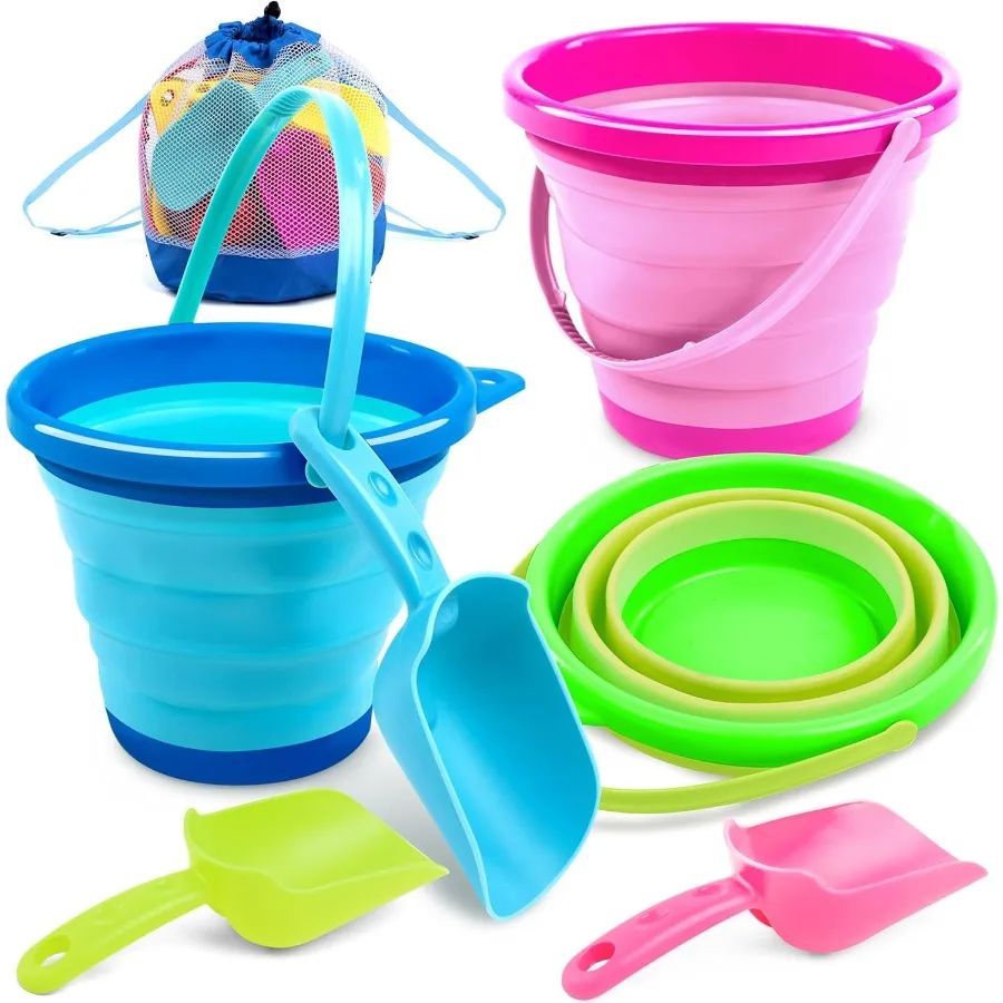 Packs Foldable Pail Bucket with Shovels & Mesh Bag, Collapsible Buckets Multi Purpose for Beach, Camping Gear, Beach Party, Fish