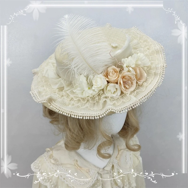 Lolita Elegant Top Hat Generative Color Bonnet Flat Top Flat Hat Big Eaves Dome BNT Lace Bow Travel