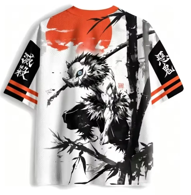 Ghost Killing Blade Yi's Help Ink Style Mesh Jersey Red Round Sunset and Ink Bamboo Anime Ink Trend Style Casual Wear T-shirt