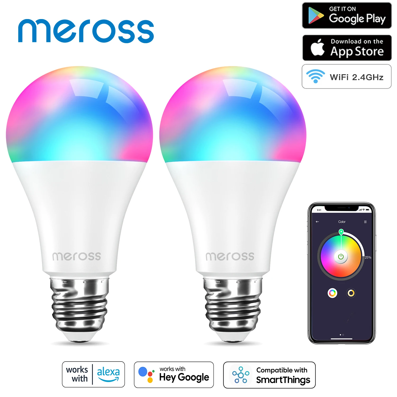 Meross WiFi Smart Light Bulb LED RGBWW Lamp E26/E27 Base APP Remote Control Bulb Work with Alexa Google Assistant SmartThings