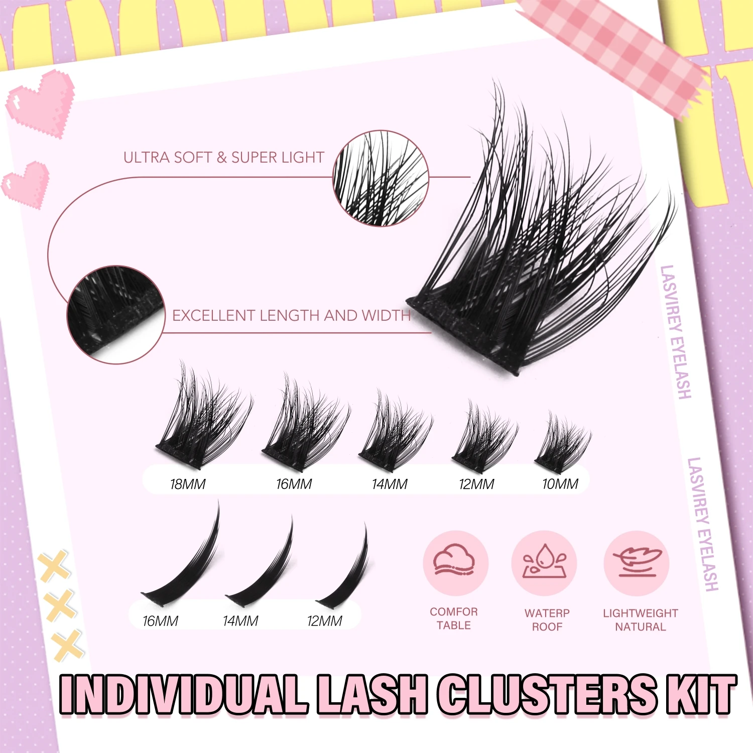 LASVIREY Aplique pestanas postiças DIY, pestanas postiças estilo manga com efeito espetado, pestanas individuais volumosas com curvatura D, extensão de pestanas mistas de vison. Maquilhagem.