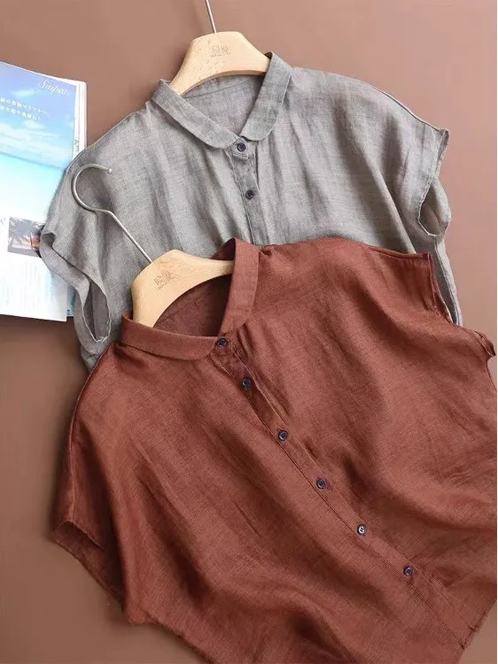 เสื้อผ้าลินินแท้สำหรับผู้หญิง ทรงหลวม สไตล์ญี่ปุ่น รุ่นใหม่ประจำปี 2025 สำหรับฤดูร้อน ผ้าลินินถักลายศิลปะ