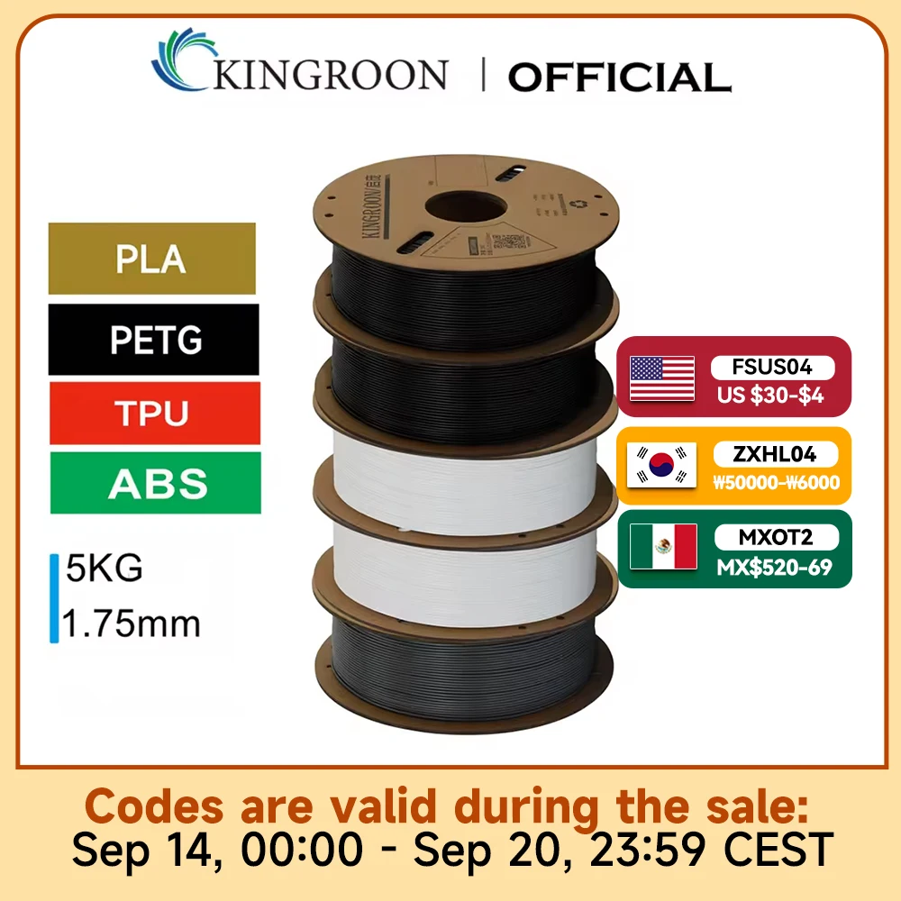 KINGROON 3D Printer Filament PLA PETG TPU ABS 5KG Bundle Black White Gray 1.75mm No Bubbles Plastic 5x1kg/Roll, Random Spool