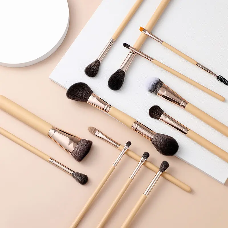 مجموعة فرش مكياج نباتية مكونة من 13 قطعة، فرش شعر الماعز ذات نهاية مزدوجة، جودة احترافية لمكياج الكراميل