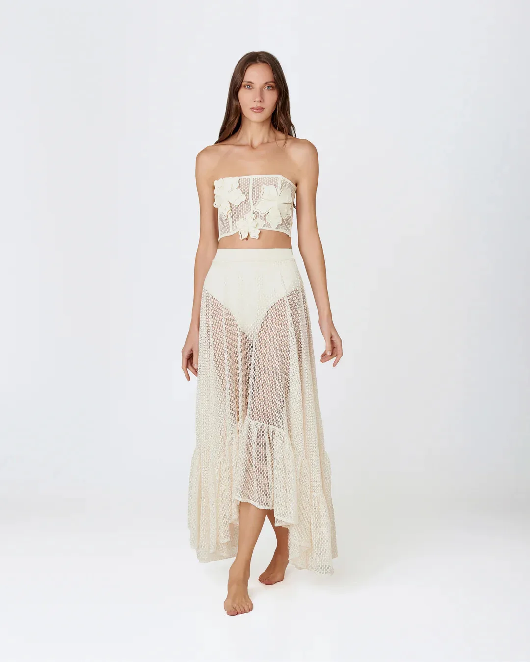 

Bandeau Flower Decorated Bikini Women's High Waist Swimwear Elegant Lady Knit Mesh Two Piece Set Mujer Beachwear Vacation Outfit