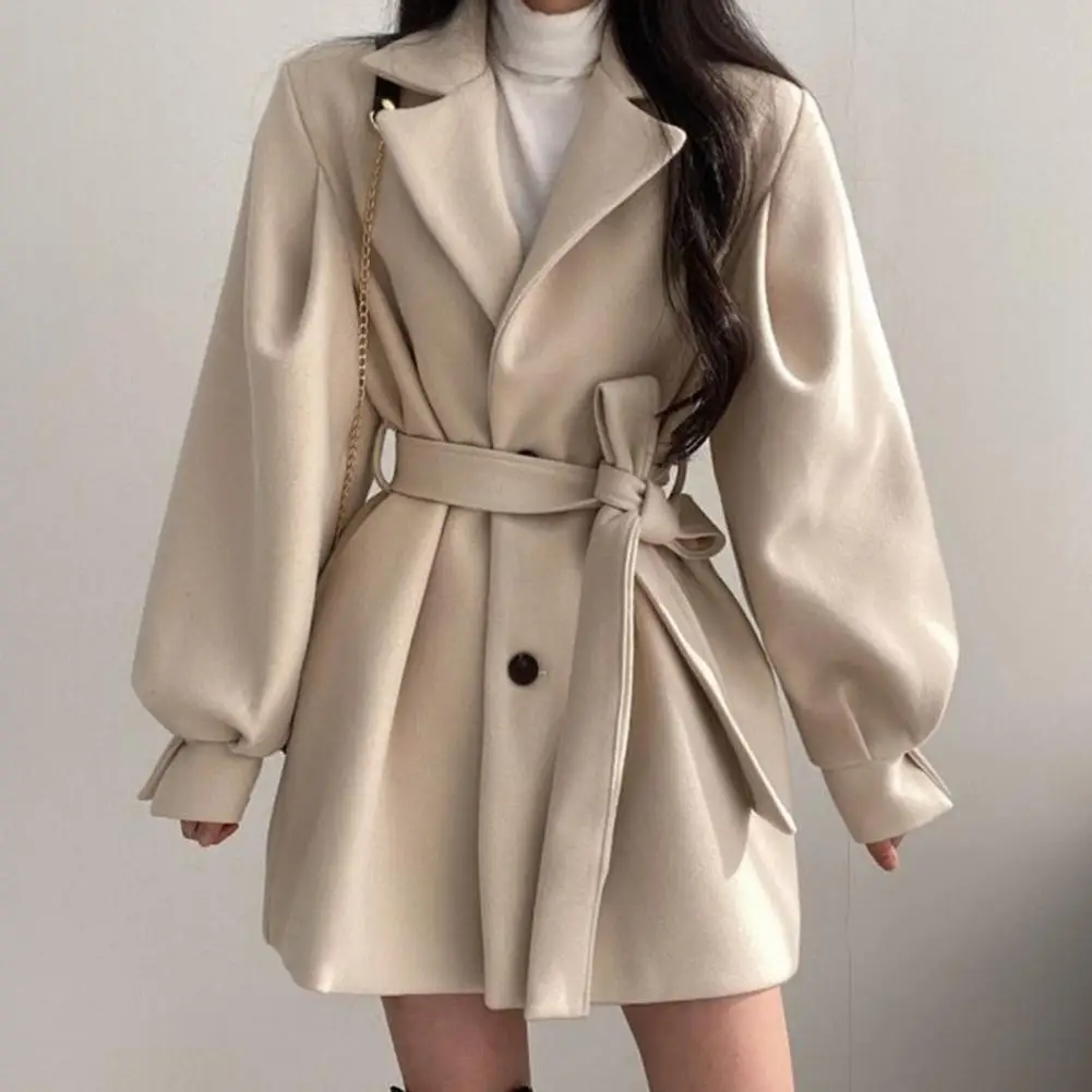 Women Lapel Coat Stylish Fall Winter Women's Jacket with Belt Pockets Chic English Style Overcoat for Dating Commuting Warm