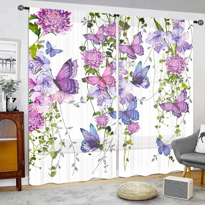 Violet Flower Butterfly Bushes Tulle Curtains for Living Room Sheer Curtain for Bedroom Window Blinds Voile Curtains