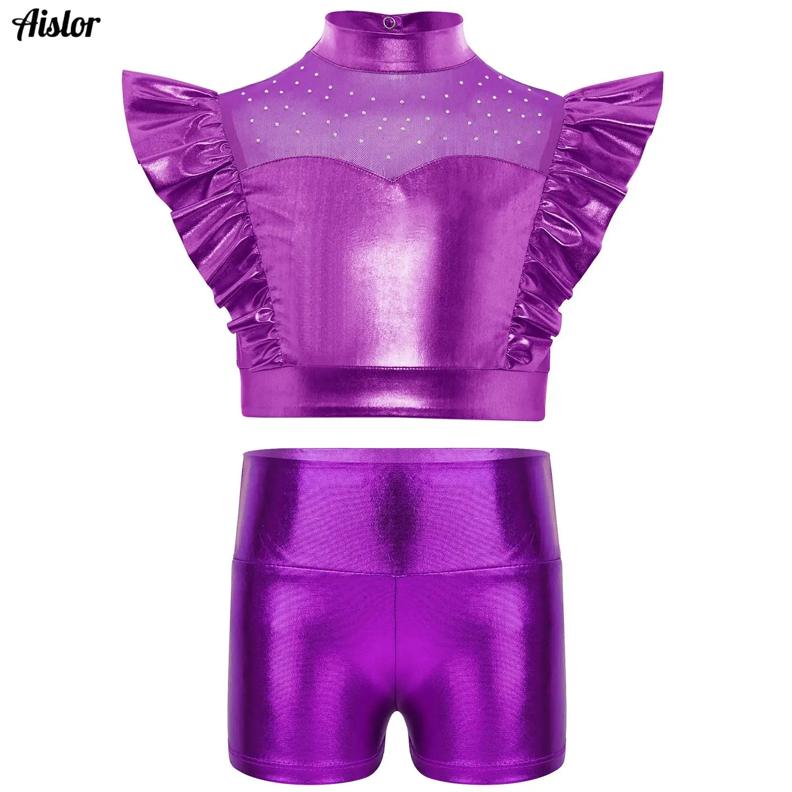 

Kids Girls Jazz Dance Outfit Metallic Rhinestone Mock Neck Mesh Patchwork Sleeveless Crop Top with Shorts Set Street Dancewear
