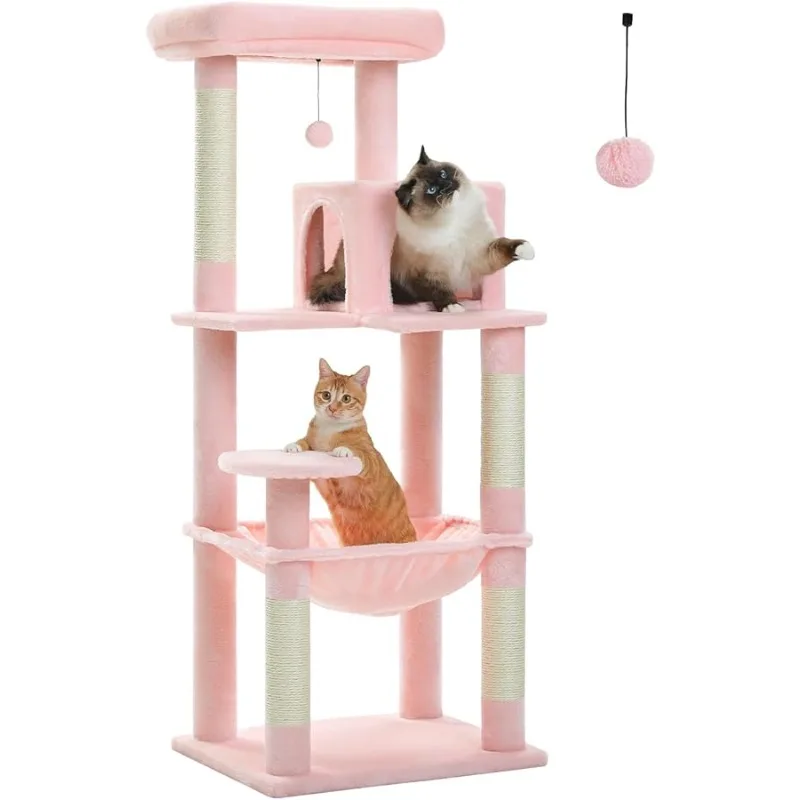 

Cat Tree for Large Cats Adult with Metal Plush Big Hammock, 56.3" Cat Tower with 2 Door Condo House, 6-Tier Cat Shelves with Scr