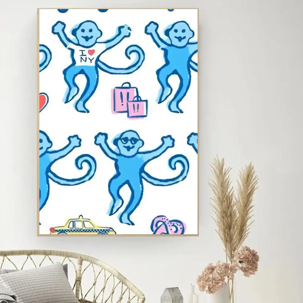 Preppy Blue Monkeys Pattern Tempered Painting Calligraphy Poster Print Modern Decor Room Home Decor Canvas Art Pictures Home For