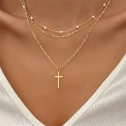Fashion Gold-plate Multilevel Artificial Pearl Chain Necklace For Women Female Vintage Boho Punk Cross Sequin Pendant Jewelry