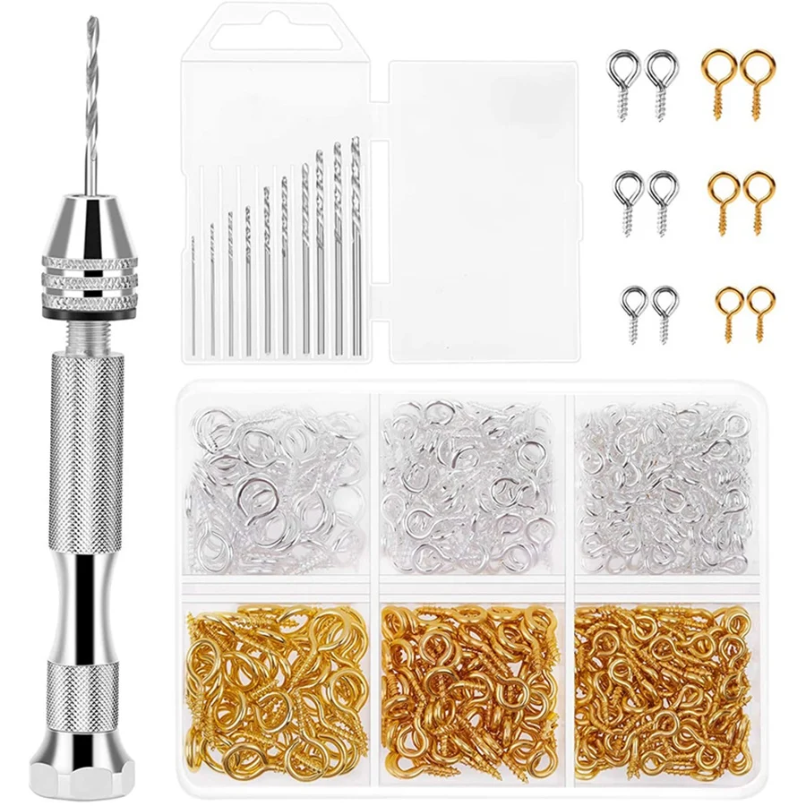 Resin Tools Kit With 1Pcs Pin Vise Hand Drill 10Pcs Drill Bits And 400Pcs Screw Eye Pins For DIY Keychain Pendant Making