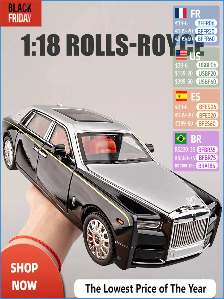 1:18 Rolls Royce Phantom Alloy Luxy Car Model Diecasts Metal Vehicles Collect Simulated Decorations Sound & Light Gifts For Kids