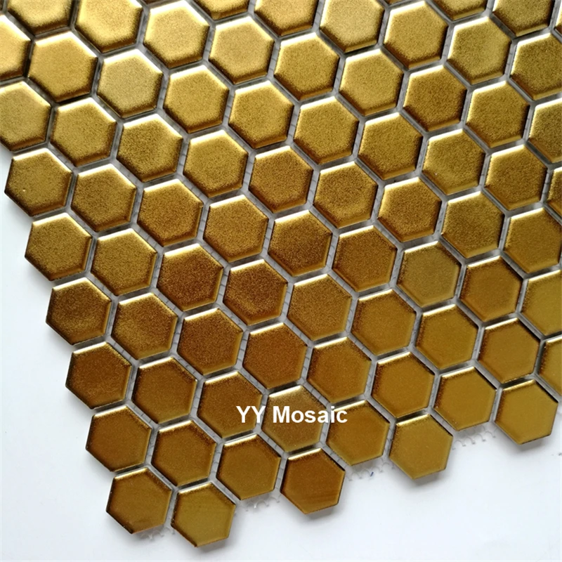 Anti-Slip Hexagon Matte Surface Golden Ceramic Mosaic Tile Luxury Shop Decoration Kitchen Splashback Bathroom Wall/ Floor Tile