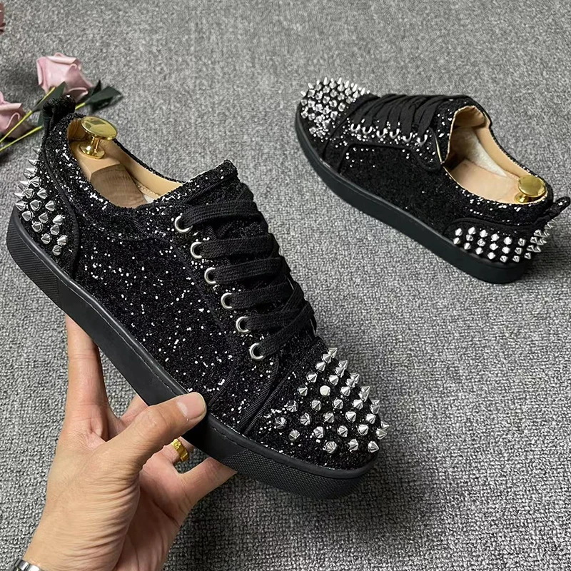 

British style men's casual stage nightclub dress spikes shoes black silver rivets flat shoe personality trendy studded sneakers