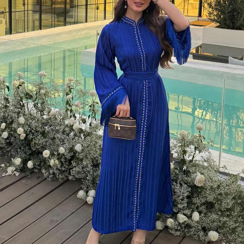 

Formal Crystal Tassel Off the Shoulder Chiffon Evening Dress Modern Straight Ankle Length Crew neck Long Sleeves платье вечернее