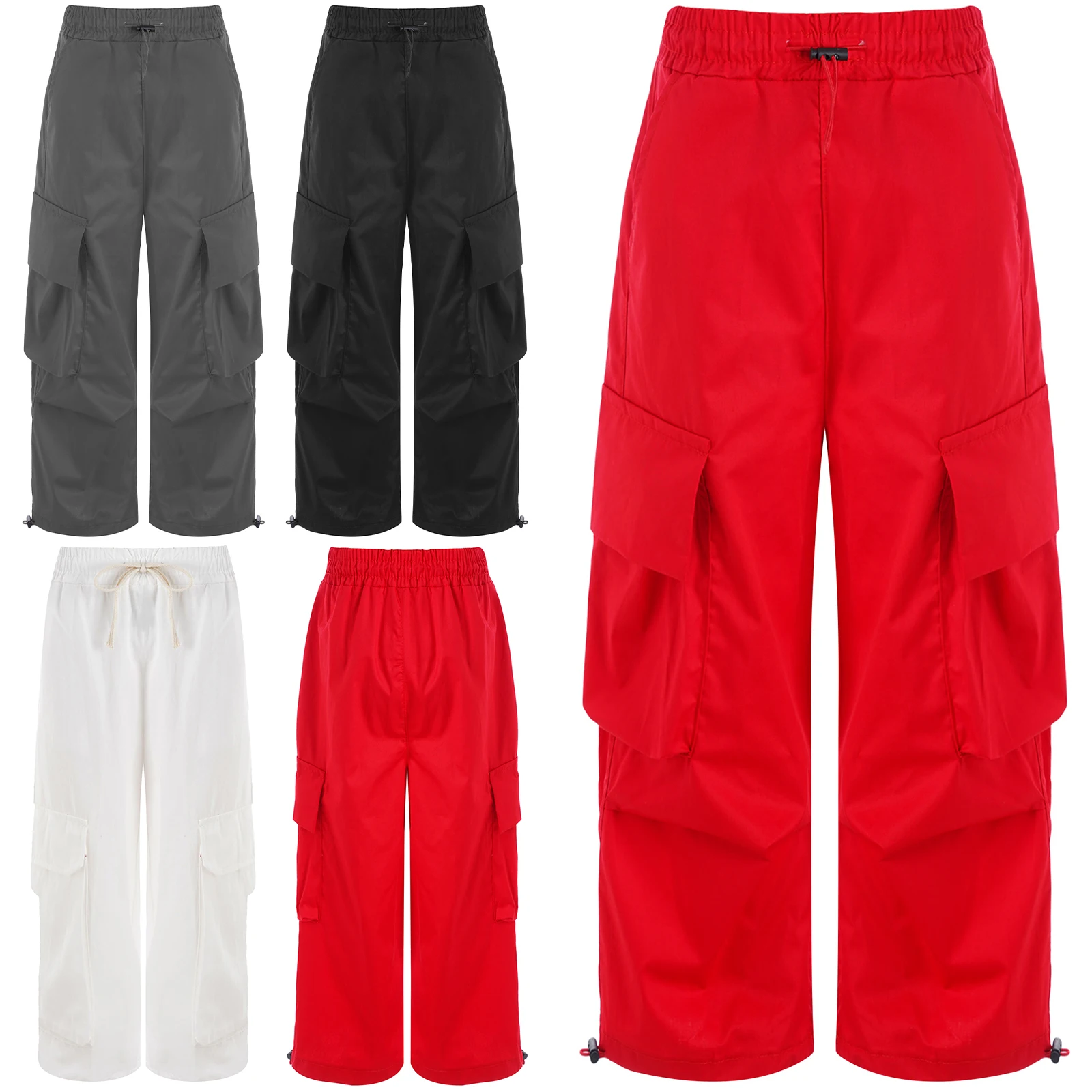 Kids Boys Girls Fashion Drawstring Cargo Pants Cotton Casual High Waist Elastic Waistband Straight-Leg Trousers Pants Tracksuit