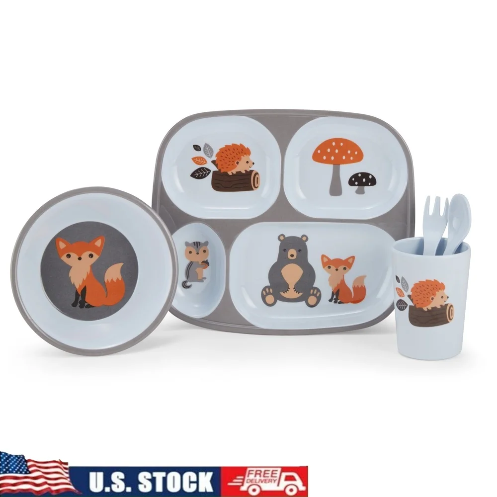 

Kids 5-Piece Mealtime Set Woodland Characters Plate Bowl Cup Fork Spoon BPA Free Dishwasher Safe Perfect Gift Children