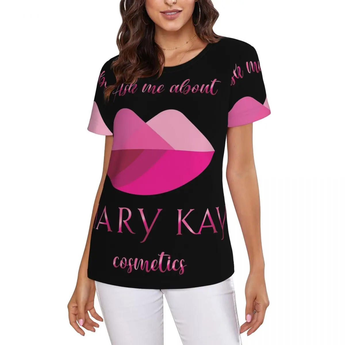 Camiseta feminina de manga curta com gola redonda, estilo streetwear, algodão, verão, da marca Mary Kay Cosmetics.