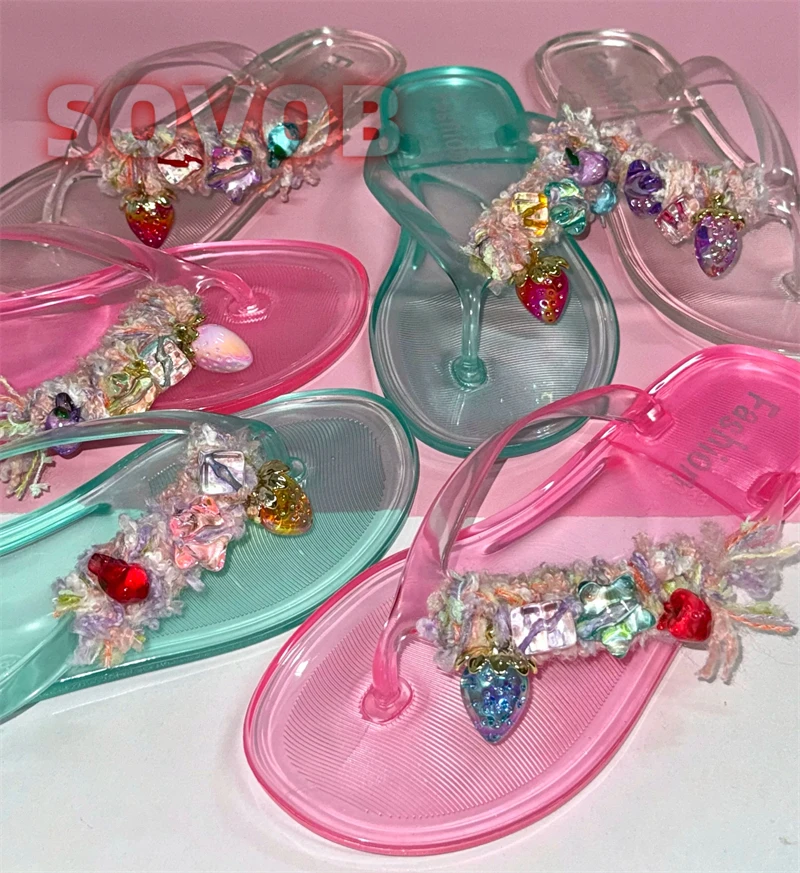 Cute Handmade Jelly Flip Flops for Women, Transparent Clear Plastic Thong Sandals,Flat Summer Beach Slides,Outdoor Beach Flats