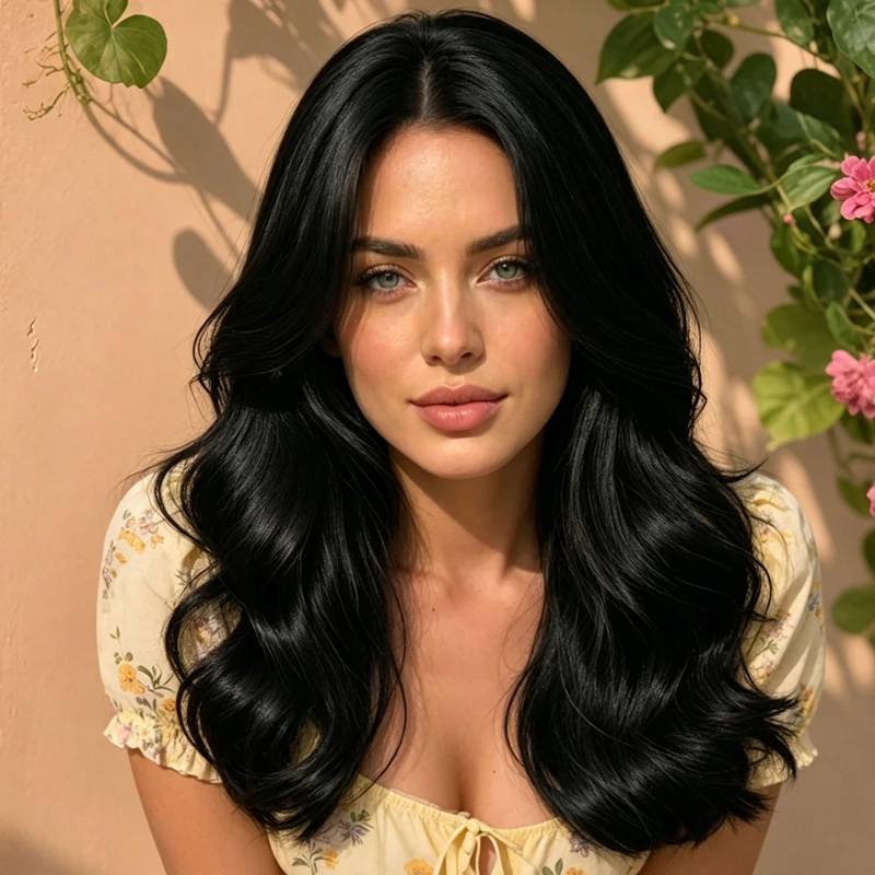 20-inch synthetic black wavy wig, center parted for a natural look, women's heat-resistant fiber wig.