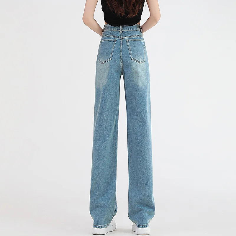 Retro Blue Perforated Straight Barrel Jeans Women\'s High Waist New Embroidered Narrow Wide Leg Floor Dragging Jeans Pants