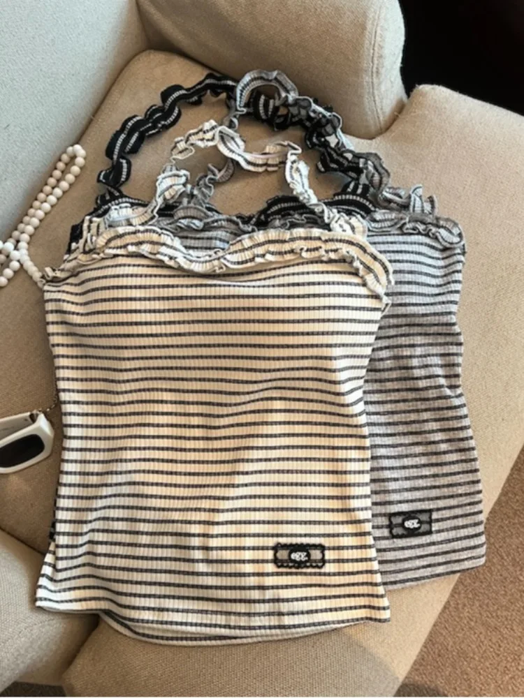 Sexy Shoulder Bared Knitted Vest for Women Stripe Patchwork Neck Hanging Strap Retro Polka Dot Ultra Short Regular Thickness