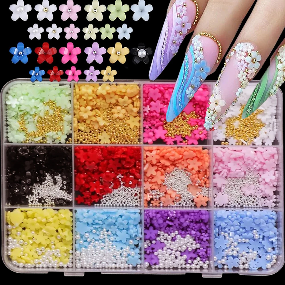 12 grilles-1500pc 3D fleur à cinq pétales Nail Art breloques 3/6mm résine fleurs décorations d'ongles et perles de Caviar argentées dorées pièces d'ongles