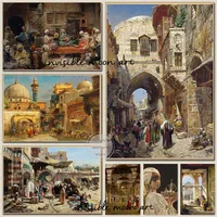 Retro Old Arab Syria Middle Eastern Street Market Life Mosque Landscape Art Poster Canvas Painting Wall Print Picture Home Decor