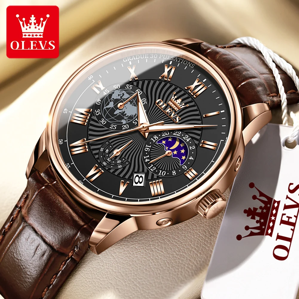 

OLEVS Brand New Fashion Multifunction Chronograph Quartz Watch for Men Luxury Leather Moon Phase 24 Hours Luminous Mens Watches