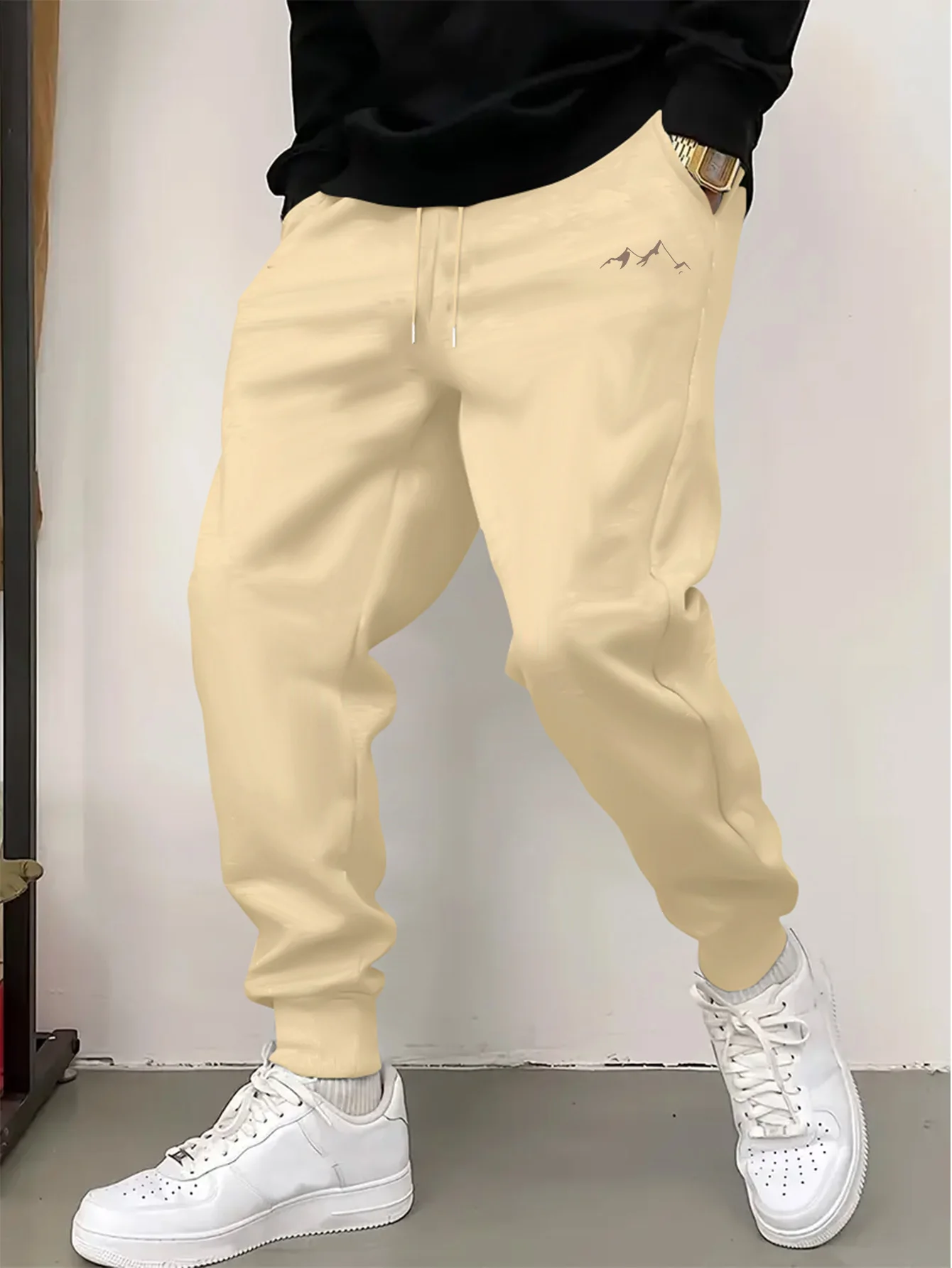 Wilderness‑vibe‑trend tiny mountain outline art print street‑style dual‑side sweatpants men hip hop sports jogger trousers
