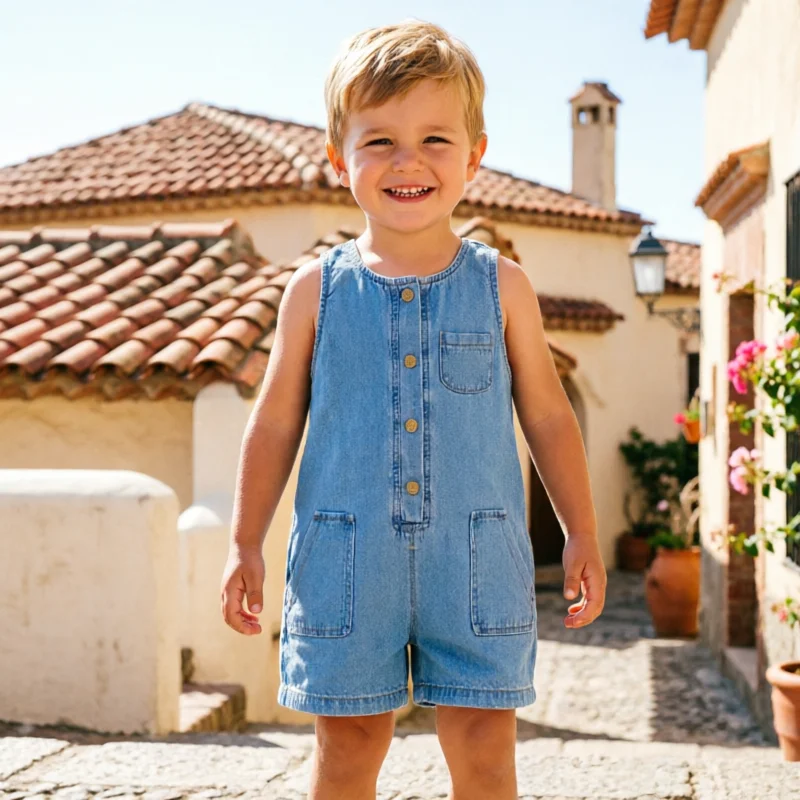 Baby Overall Denim - ชุดรอมเปอร์เดนิมแขนกุดสไตล์เกาหลีสำหรับเด็กผู้ชาย ฤดูร้อน ปี 2026 ชุดจั๊มสูทลำลองติดกระดุม ชุดเด็กวัยหัดเดินแบบชิ้นเดียว