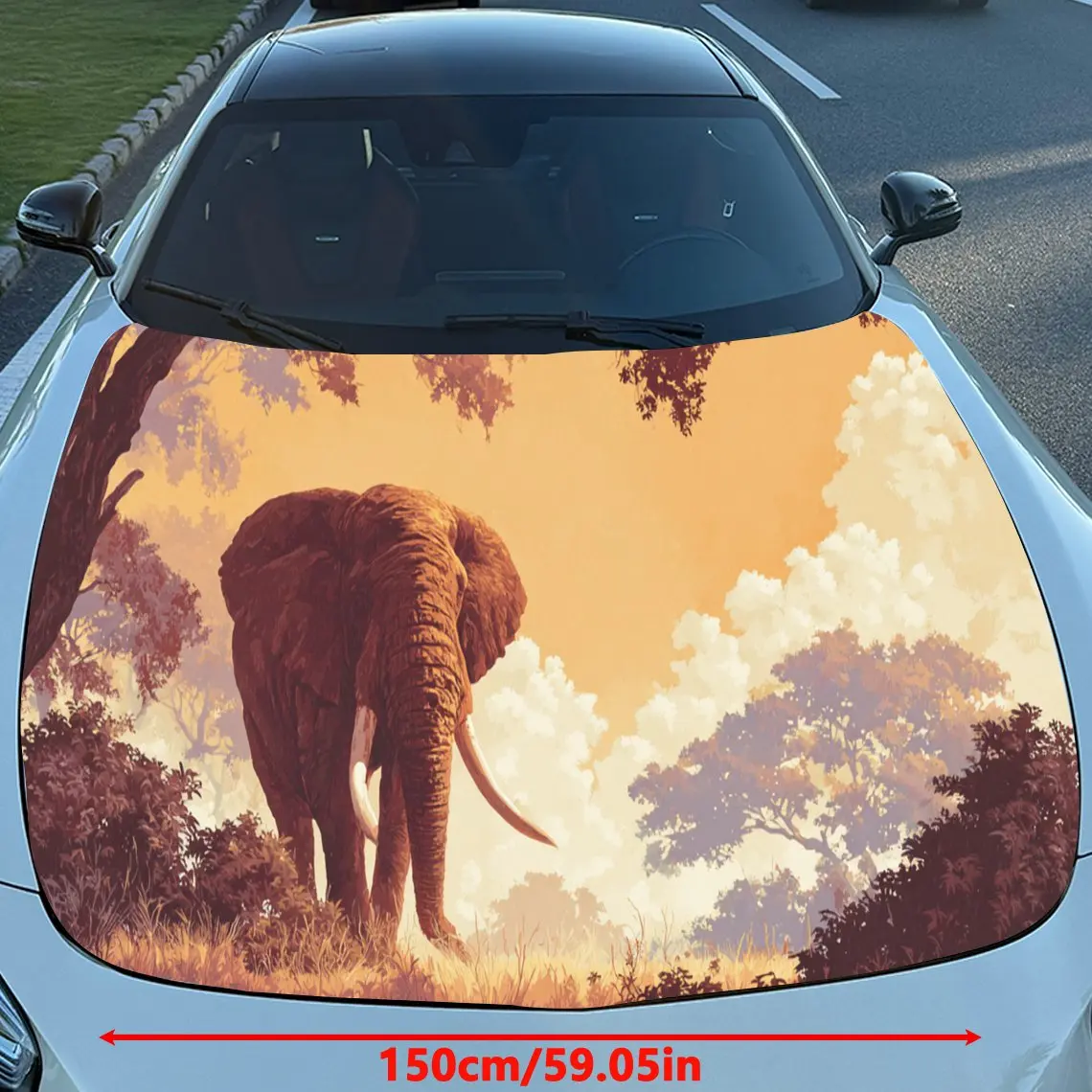 Beautiful Sunset Elephant Car Hood Stickers - Self-Adhesive, Waterproof and Durable Vinyl Wrap, Decorate And Protect Your Car, F